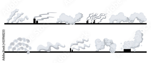 Factory or power plants pipes set pollute the air. Smoke from the pipes. Vector illustration in flat style design isolated on white background