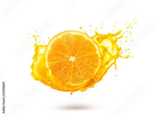 Orange with splashes isolated on white background