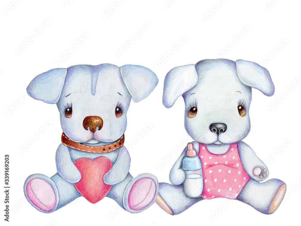 Watercolor hand drawn illustration of cutecartoon twins pups dogs puppies, white and pipnk, pretty toys. Isolated. Watercolor hand drawn illustration of cutecartoon twins pups dogs puppies, white and pipnk, pretty toys. Isolated.