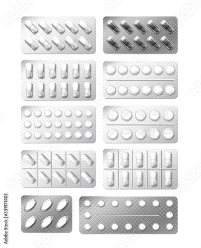 Medicine painkiller pills packaging. Realistic 3d drugs in blister isolated on white. Vitamin capsule drug blister pack. Medical care pharmaceutical illustration