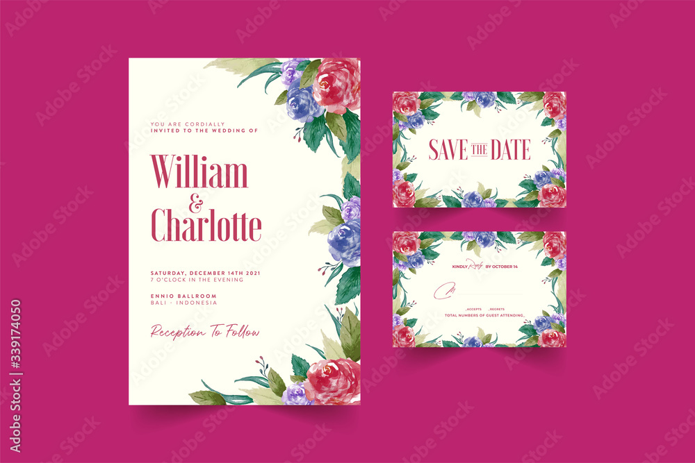 Obraz premium Wedding invitation template with beautiful watercolor floral wreath Premium Vector