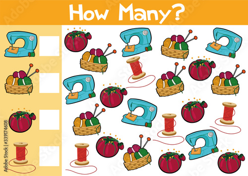 Counting hobby items game illustration for preschool kids in vector format.