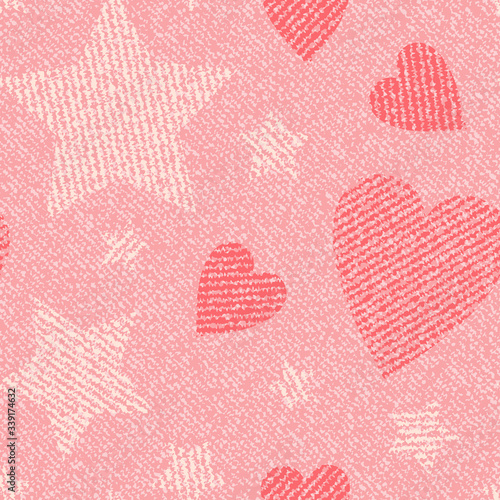 Pink Jeans background with hearts and stars. Vector Denim seamless pattern. Valentine's Day wallpaper.
