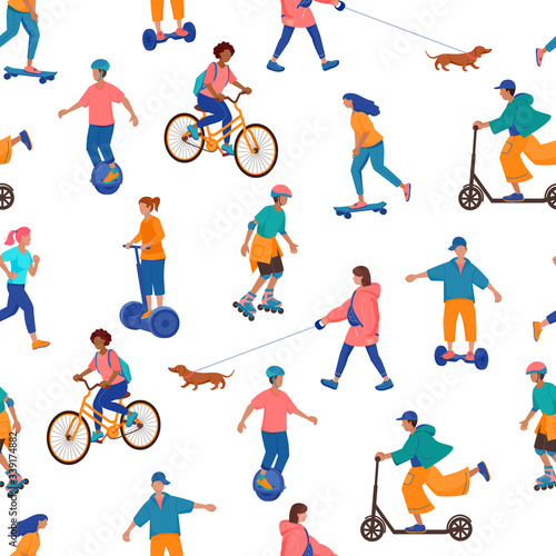 Seamless vector pattern of the outdoor activities in flat style on the white background.People running,walking dog,roller skating,skateboarding,bicycling, using electric scooter, monocycle,hoverboard.