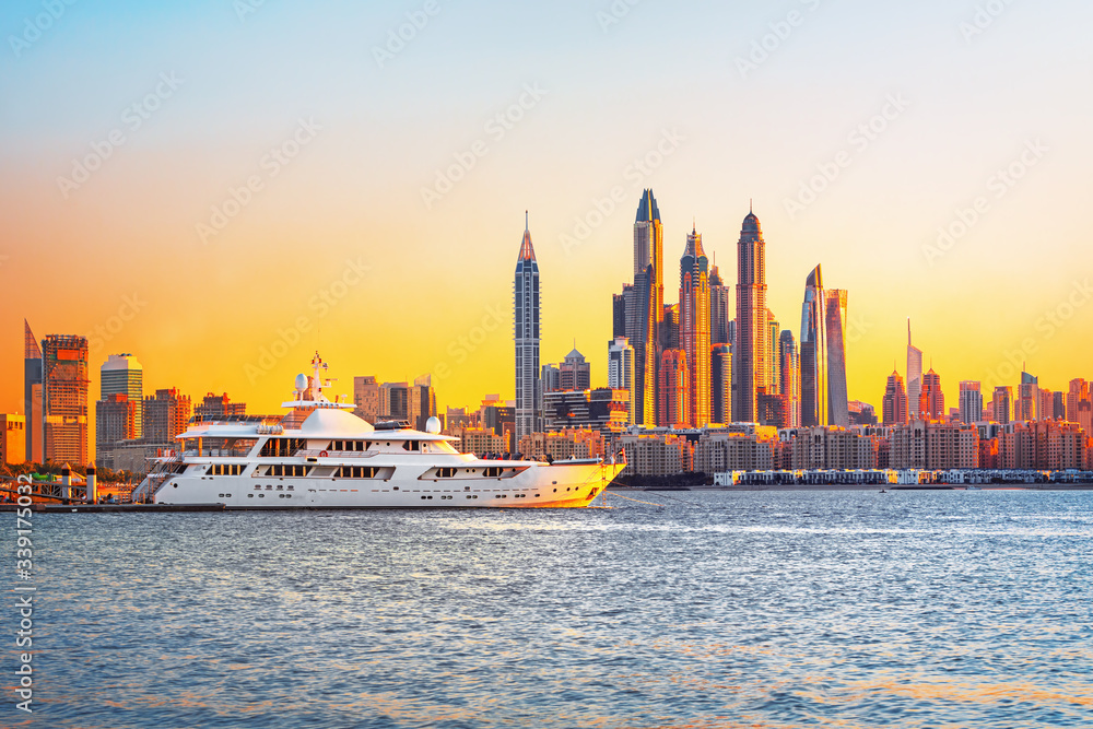 Amazing Dubai Marina skyline at sunset, United Arab Emirates
