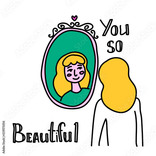 Stylish beautiful girl looks in the round mirror. Young woman and her reflection in the mirror. The girl is going on a date, make up and try on clothes. You so beautiful