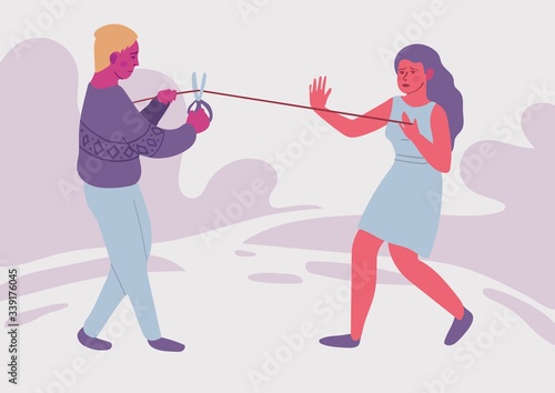 Love addiction. Psychological concept. Parting of two people. Difficult relationship. The gap. Divorce. Colorful vector illustration.
