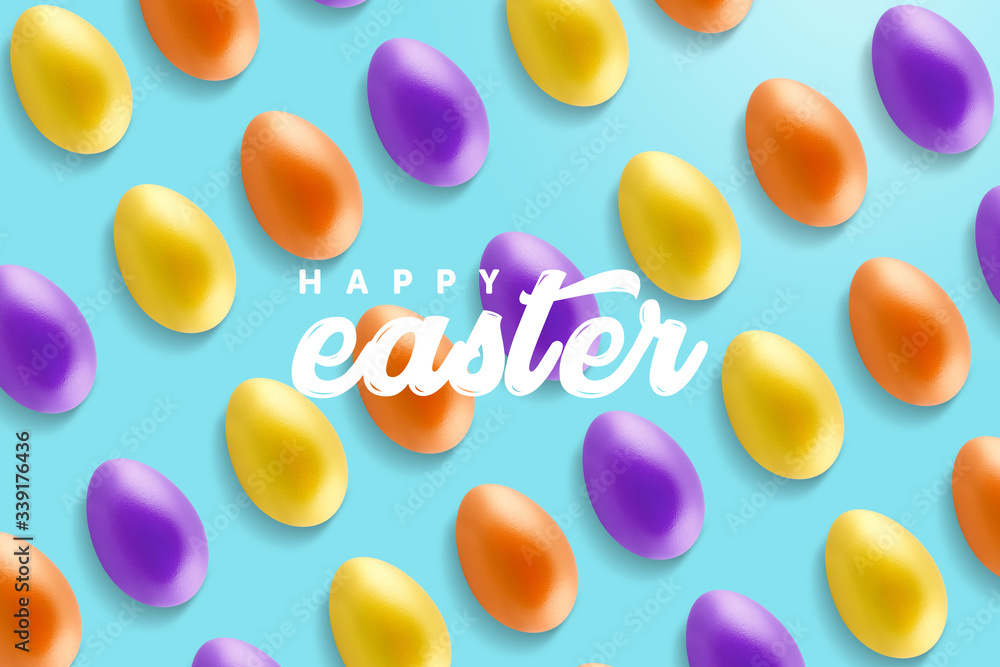 Creative minimal Happy Easter layout colorful eggs and the text message ''Happy Easter'' together on the sweet blue background. Creative minimal Happy Easter layout colorful eggs and the text message ''Happy Easter'' together on the sweet blue background.