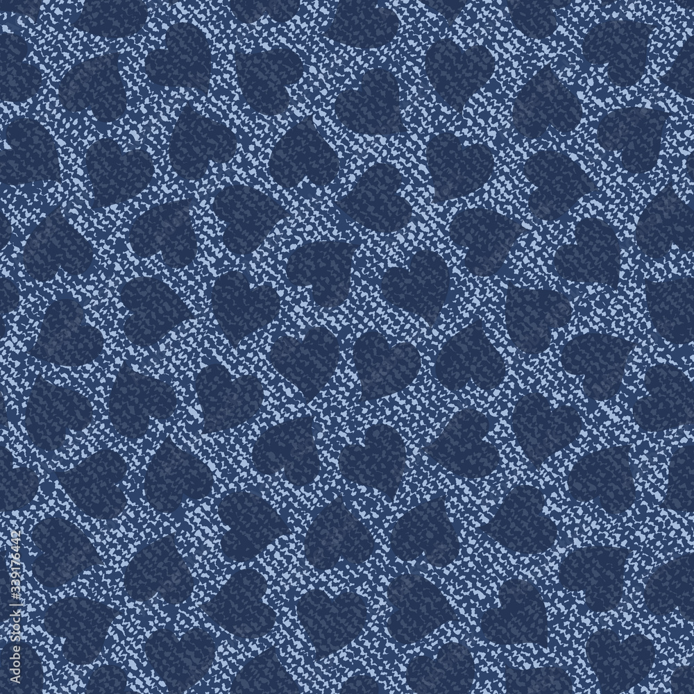 Jeans background with hearts. Vector Denim seamless pattern. Blue jeans cloth. Valentine's Day wallpaper.

