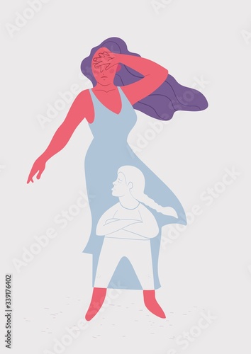 psychological concept of adopting an inner child. girl shows resentment that arose in childhood. Colorful vector illustration.