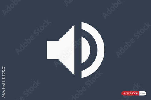 Sound Audio Speaker Icon. White Shape isolated on Dark Blue Background. Flat Vector Icon Design Template Element.
