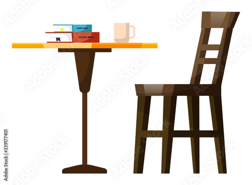 Restaurant place with wooden chair and table symbols. Books and cup of beverage symbols in coffeehouse. Brown cafe furniture with dink and document, nobody place in bar isolated on white vector