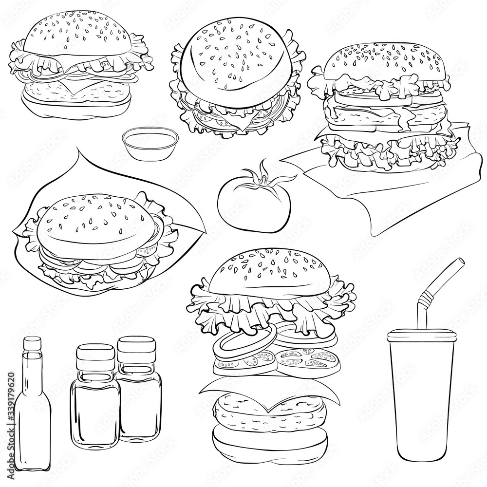 Vector hand drawn set of various burgers. Fast food menu in line art style. Vector illustration isolated on white background. Design for restaurant, cafe, logo, label, emblem, sign, brand mark Vector hand drawn set of various burgers. Fast food menu in line art style. Vector illustration isolated on white background. Design for restaurant, cafe, logo, label, emblem, sign, brand mark