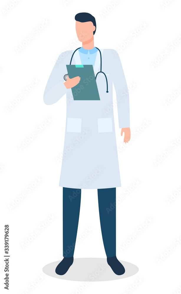 Doctor stand isolated on white background. Specialist examine and consult people about illnesses and prescribe treatment. Person with notepad in white uniform, medical gown. Vector illustration Doctor stand isolated on white background. Specialist examine and consult people about illnesses and prescribe treatment. Person with notepad in white uniform, medical gown. Vector illustration