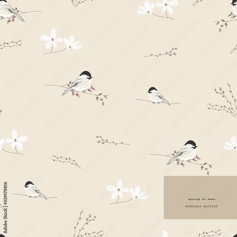 Fototapeta premium spring seamless pattern with hand drawn little tit birds