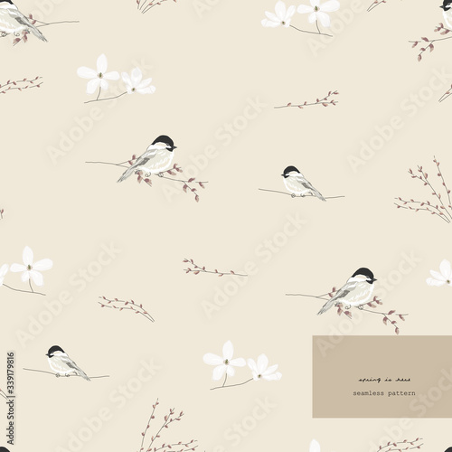spring seamless pattern with hand drawn little tit birds