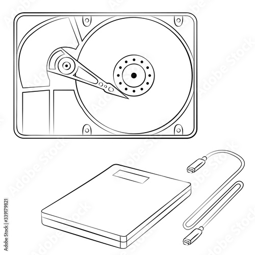 Hard disk drive for storing data on a computer in line art style. Portable hard drive. Vector illustration isolated on white background. Computer hardware and accessories