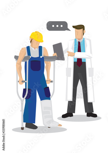 Doctor giving advise to his patient having a injured fracture leg. Concept of healthcare and medicare.