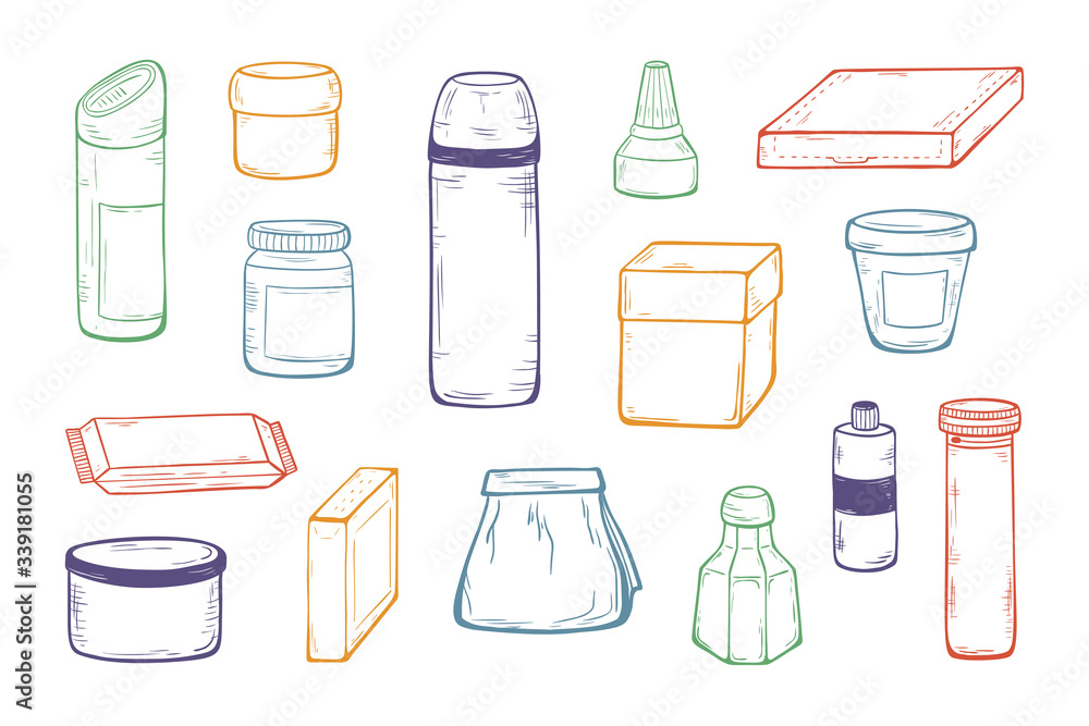 Packaging Vector set. Blank Packing Mock Up Template. Hand Drawn Sketch Glass, Plastic, Cardboard Package
Packaging Vector set. Blank Packing Mock Up Template. Hand Drawn Sketch Glass, Plastic, Cardboard Package