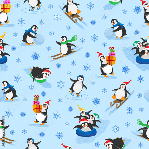 Winter seamless pattern of seven funny Christmas penguins with snowflakes. Penguins on skates, on skis, on sled, on tube, with a snowball, with box gifts.
Vector illustration in flat style. 