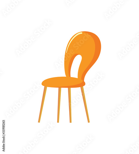 Chair side view, hole in back of sit, one orange element of furniture. Empty stylish place for relaxation, hard plastic seat, slender legs, isolated vector