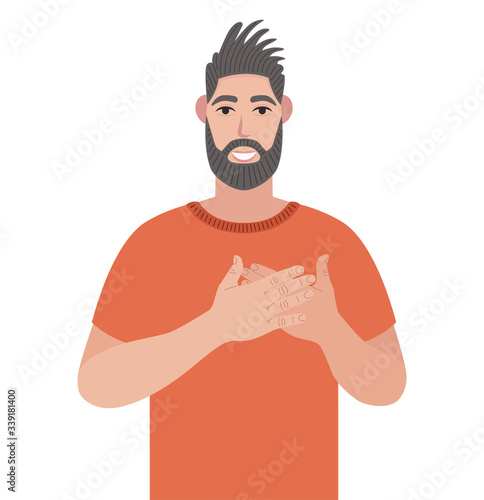 Bearded man expressing gratitude. Hipster keeps hands on chest, being cordial and friendly, expresses gratitude and thankfulness. Vector illustration in cartoon style.