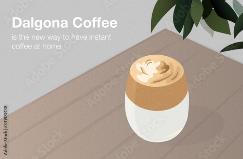 Dalgona Coffee Minimalist Illustration. Glass of trending Korean whipped latte made from instant coffee in the muted pastel colors palette