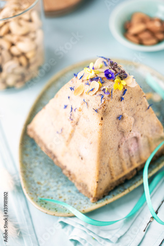 Healthy Vegan Orthodox Easter Cake Made of Cashews, walnuts, Coconut milk and Dried Fruits