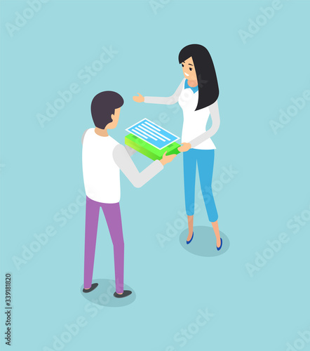 Man and woman holding device or laptop, talking workers, successful teamwork, portrait view of man and woman, people communication, business startup vector