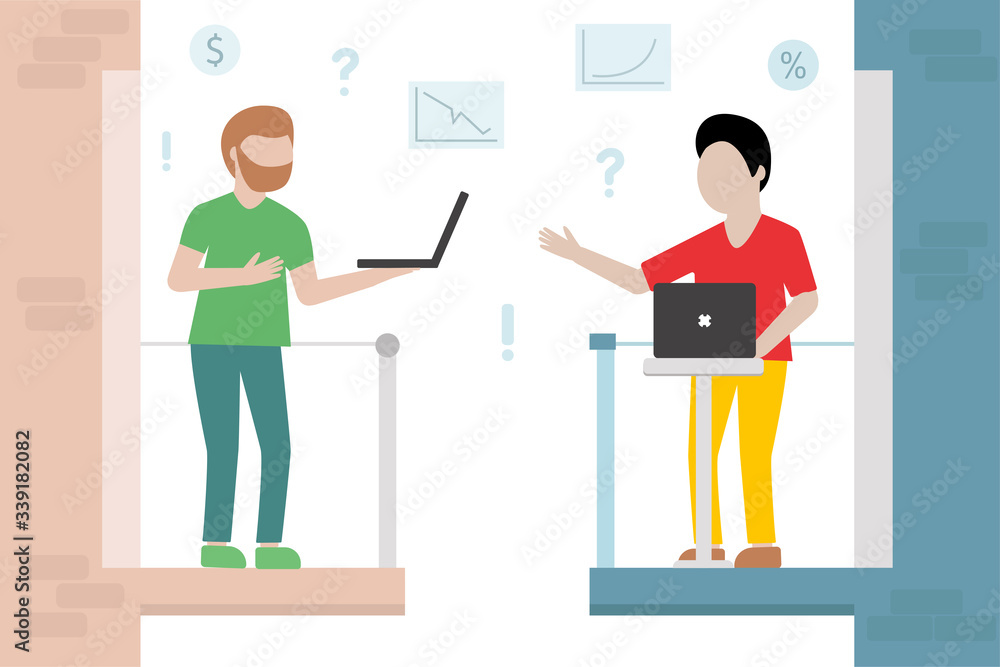 Obraz premium Illustrations concept coronavirus COVID-19. The company allows employees to work from home to avoid viruses. Two man working on their balconies.