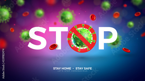 Stay Home. Stop Coronavirus Design with Falling Covid-19 Virus Cell on Light Background. Vector 2019-ncov Corona Virus Outbreak Illustration. Stay Safe, Wash Hand and Distancing.