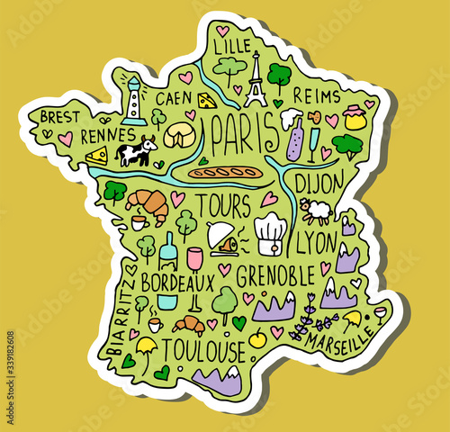 Colored Hand drawn doodle France map. city names lettering and cartoon