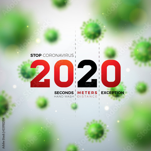 2020 Stop Coronavirus Design with Falling Covid-19 Virus Cell on Light Background. Vector 2019-ncov Corona Virus Outbreak Illustration. Stay Home, Stay Safe, Wash Hand and Distancing.