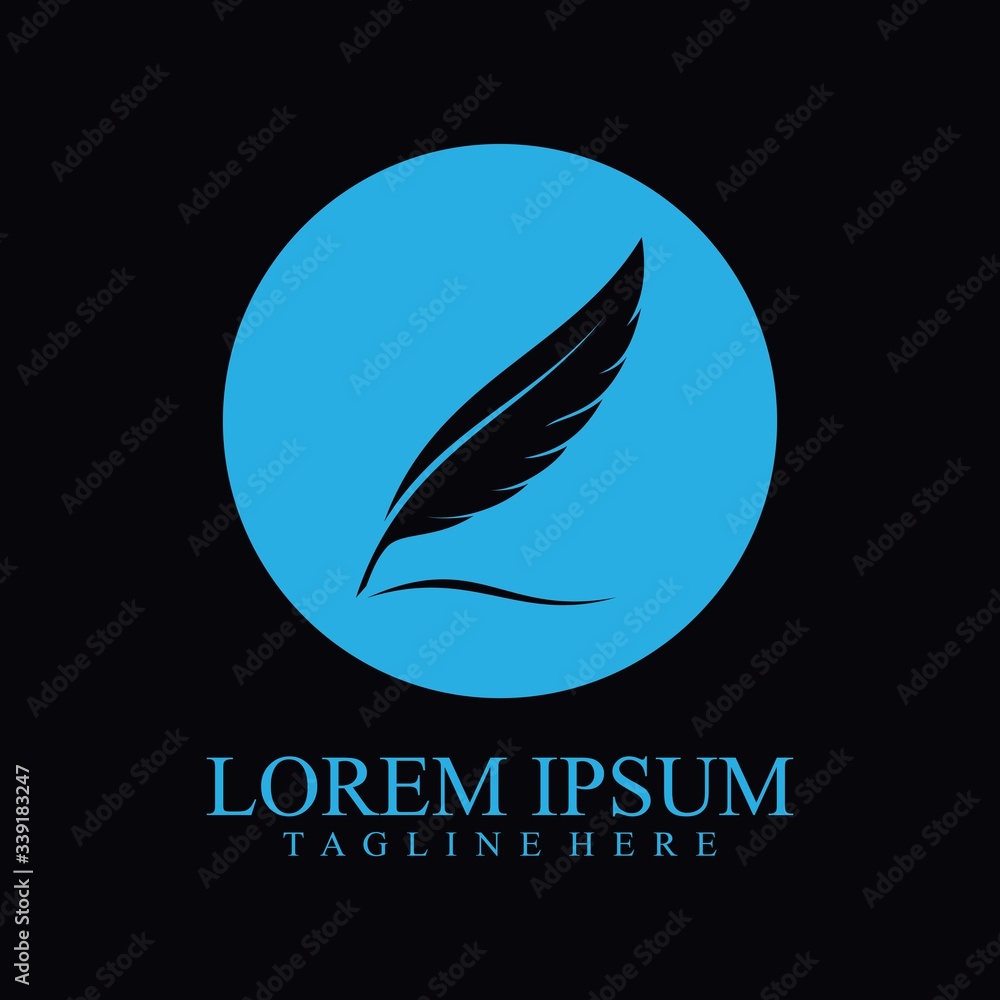 Fototapeta premium Black Feather Isolated on Circle Blue. Feather Quill Pen Design.