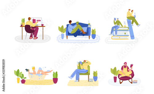 People read books in cozy home rooms - home activities and literature fans concept, man and woman, students read and study, flat cartoon textured characters isolated on white - vector illustration