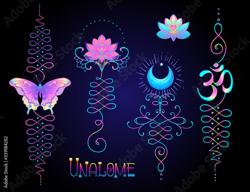 Lotus and Sacred Geometry. Unamole hindu symbol of wisdom and path to perfection. Set of tattoo flesh, yoga logo. Boho oriental print, poster, t-shirt textile. Colorful rainbow signs set