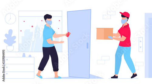 COVID-19. Coronavirus. A deliveryman in a protective medical mask brought the parcel to the door. Man waiting for a courier. Order food. Safe delivery. Quarantine. Self isolation