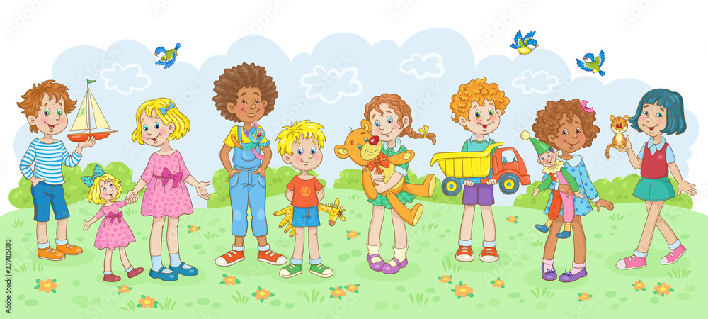 Fototapeta premium Playing kids. Children of different nationalities walk with their favorite toys in the summer glade. In cartoon style. Vector illustrations.