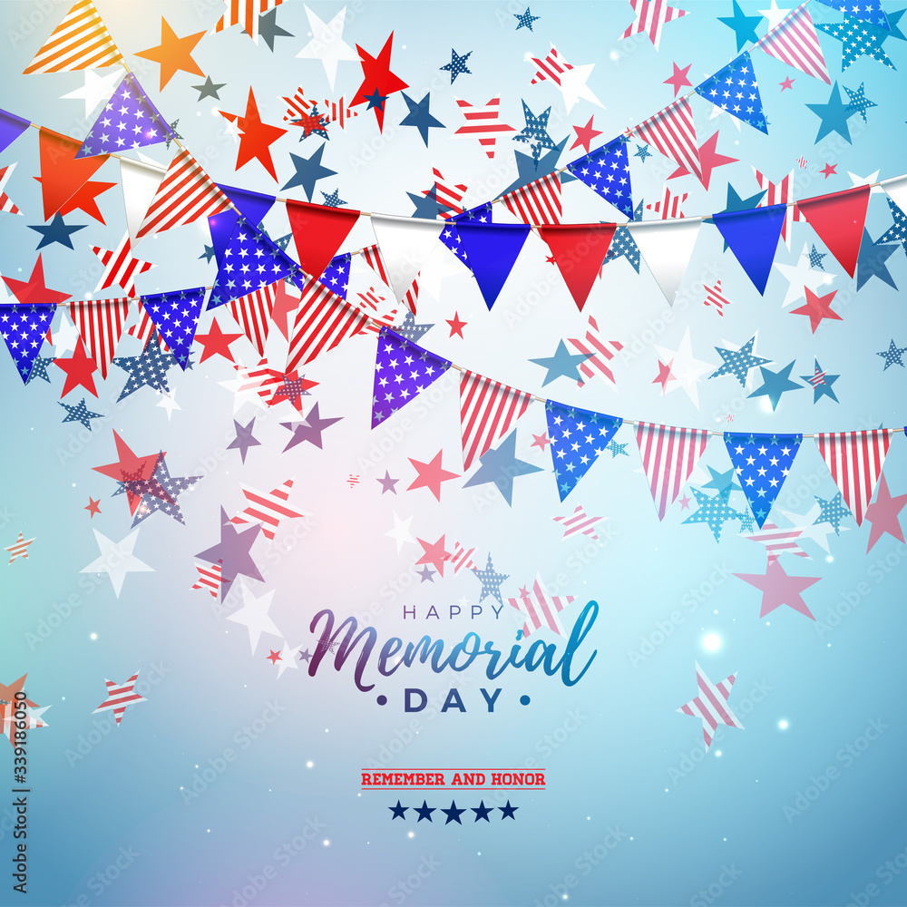 Memorial Day of the USA Vector Design Template with American Color Party Flag and Falling Stars on Shiny Blue Background. National Patriotic Celebration Illustration for Banner or Greeting Card Memorial Day of the USA Vector Design Template with American Color Party Flag and Falling Stars on Shiny Blue Background. National Patriotic Celebration Illustration for Banner or Greeting Card