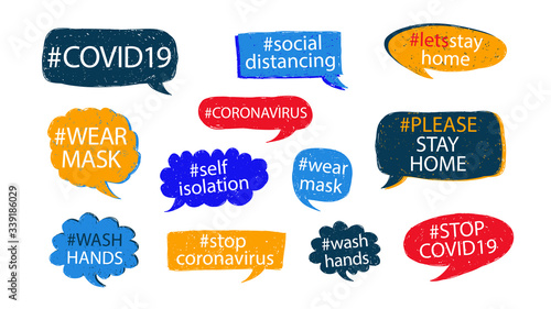 COVID-19 hashtags set to prevent the spread of coronavirus. Quarantine and self-isolation. Wear mask and wash hands. Stay Home Stay Safe. Prevention the spread of COVID-19.