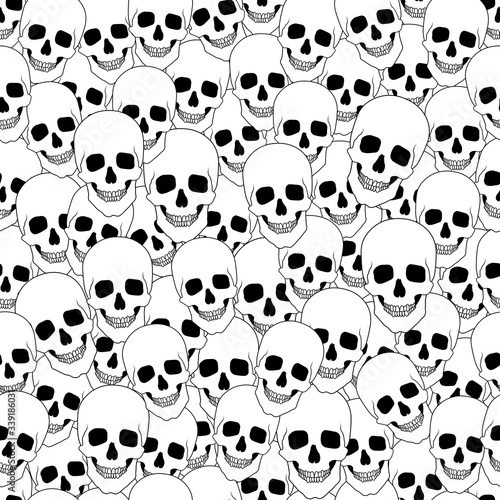 Human smiling, grinning skulls. Seamless ornament, pattern, background and template. Vector square