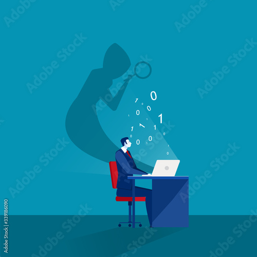 businessman looking on laptop computer with shadow mask stealing passwords and login computer security concept