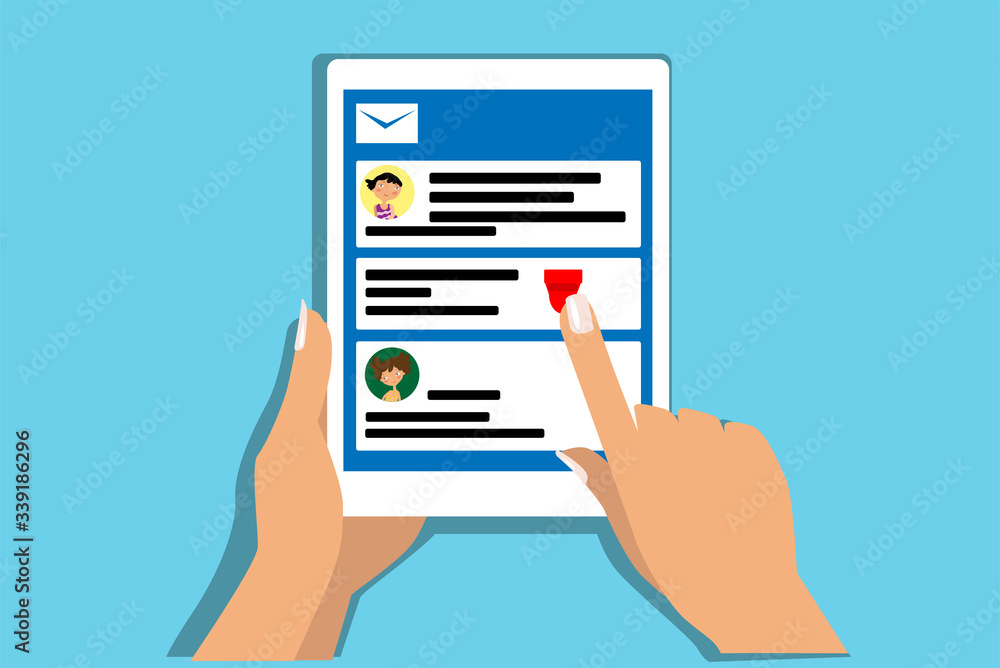 Vector female hands holding a tablet. The concept of remote team work via the Internet. Vector female hands holding a tablet. The concept of remote team work via the Internet.