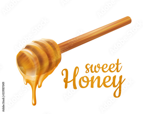 Honey Dipper. Wooden Spoon 3d for liquid sweetness. Realistic wood food utensils. Isolated white background. vector