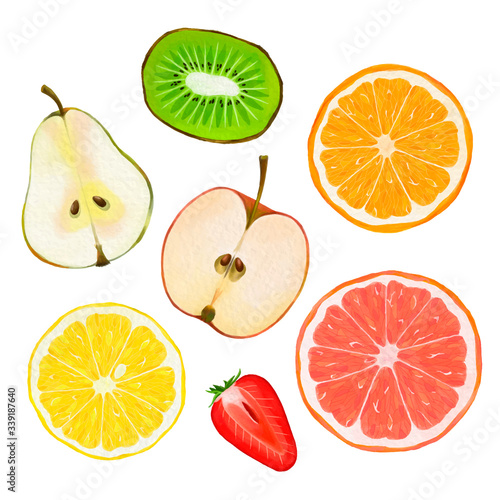 Fototapeta Naklejka Na Ścianę i Meble -  Watercolor fruit vector set with transparent background (pear, apple, kiwi, orange, lemon, grapefruit, strawberry)