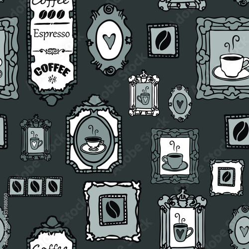 Seamless vector pattern with coffee in picture frame on grey background. Cafe wallpaper design with coffee beans on wall. Simple hand drawn romantic kitchen fashion, textile.