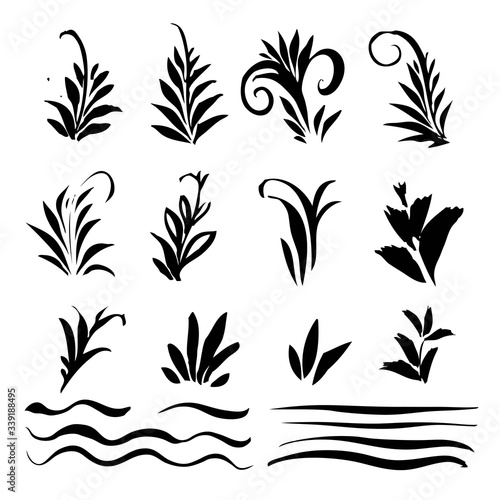 Twigs and leaves and wavy strokes painted with thick paint isolated on a white background