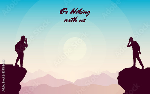 A man stands on top of a mountain yelling to another. The man hears a cry. Collaboration. Trying to understand another person. Climbing on mountain. Vector illustration hiking and climbing