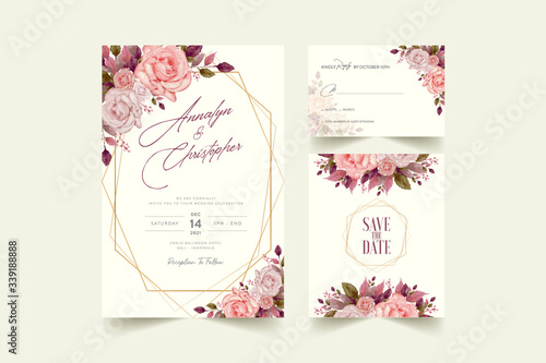 Wedding invitation template with beautiful watercolor floral wreath Premium Vector