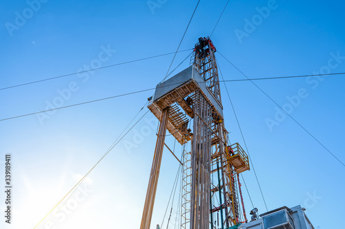 Drilling rig in oil field for drilled into subsurface in order to produced crude, inside view. Petroleum Industry. Onshore drilling rig